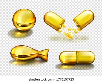 Gold oil capsules, vitamine, bio supplements, fish, round and oval shape pills. Cosmetics, omega 3 golden bubbles, antibiotic gel, isolated serum droplets or collagen essence, realistic 3d vector set