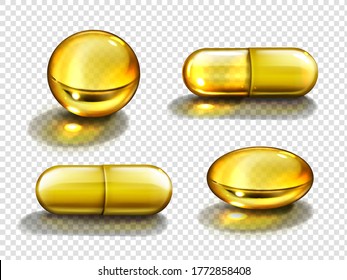 Gold-Ölkapseln, Vitamin-runde und ovale Tabletten. Kosmetik, Omega-3-goldene Blasen, Antibiotikaggel, Serumtropfen oder Kollagenessenz einzeln auf transparentem Hintergrund, realistischer 3D-Vektorset