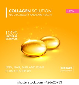 Gold oil collagen capsule, healthy dietary supplement product concept. Vector collagen pill illustration