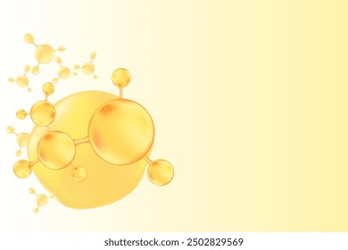 Gold oil or collagen molecule formula, with gold liquid particles, bubbles pattern. Hyaluronic acid serum chemical formula background with copy space. Beauty treatment nutrition.
