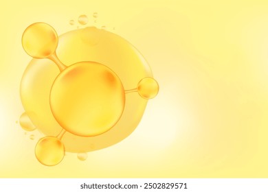 Aceite de oro o fórmula de molécula de colágeno, con partículas líquidas de oro, patrón de burbujas. Fondo de fórmula química de suero de ácido hialurónico con espacio de copia. Tratamiento de belleza y nutrición.