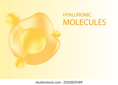 Gold oil or collagen molecule formula, with gold liquid particles, bubbles pattern. Hyaluronic acid serum chemical formula background with copy space. Beauty treatment nutrition.