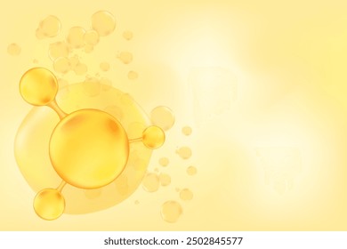Gold oil or collagen molecule formula, with gold liquid particles, bubbles pattern. Hyaluronic acid serum chemical formula background with copy space. Beauty treatment nutrition.