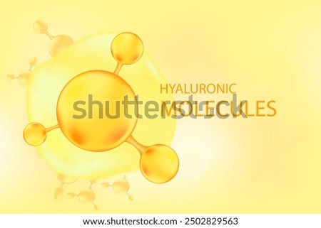 Gold oil or collagen molecule formula, with gold liquid particles, bubbles pattern. Hyaluronic acid serum chemical formula background with copy space. Beauty treatment nutrition.