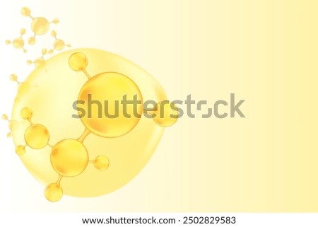 Gold oil or collagen molecule formula, with gold liquid particles, bubbles pattern. Hyaluronic acid serum chemical formula background with copy space. Beauty treatment nutrition.