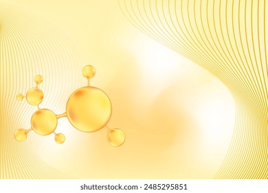 Gold oil or collagen molecule peptide or hyaluronic acid and bubble oxygen serum chemical formula. Beauty treatment nutrition skincare background with copy space. Beauty and scientific concepts.