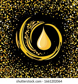 Gold oil drop isolate on black  background. Dark background with drop of oil and place for your text. For cosmetic ads template and art design. Vector Illustration