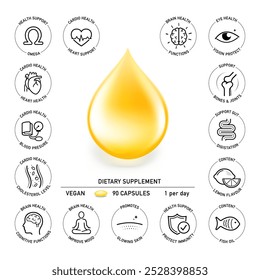 Gold gota de óleo Omega com ícones de saúde definidos. Ilustração vetorial isolada sobre fundo branco. Os ícones de contorno são bem escaláveis e editáveis.Pronto para uso em seu design, infográfico. EPS10