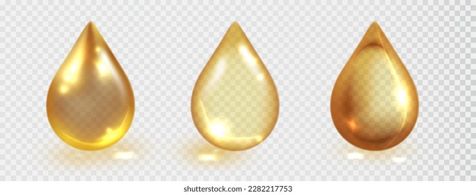 Gold oil drop set isolated on transparent background. Vector realistic yellow serum droplet of drug or collagen essence. Realistic translucent honey, serum or cooking oil drop.