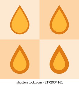 Gold oil drop stroke shape icons. A group of 4 golden droplet line shapes with varying degrees of thickness. Isolated on a light gold background.