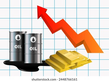 Gold and oil growth chart. Positive business dynamics. Oil barrels and gold bars. Vector illustration