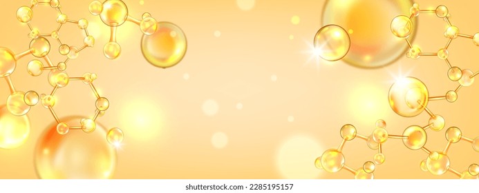Gold oil molecule background, collagen yellow ball, jojoba nano 3D cell, vector bio medical icon. Beauty science skin care molecular concept, natural bubble banner. Gold molecule atom illustration svg