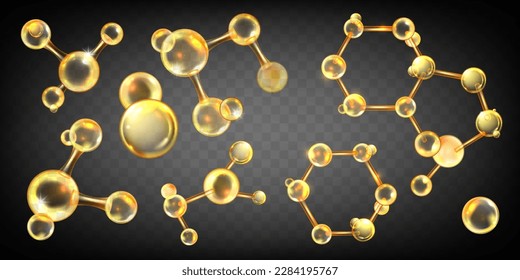Gold oil molecule set, collagen yellow ball, jojoba nano 3D cell, vector bio abstract medical icon. Beauty science skin care molecular concept, natural bubble kit. Gold molecule atom illustration