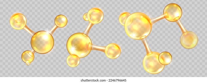 Juego de moléculas de aceite de oro, célula de jojoba nano 3D, bola amarilla de colágeno, ícono médico biabstracto vectorial. Ciencia de la belleza concepto molecular de cuidado de la piel, kit de burbujas naturales. Ilustración de átomo de molécula de oro