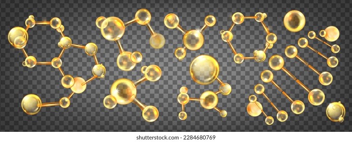 Gold oil molecule set, yellow collagen ball, jojoba nano 3D cell, vector bio abstract medical icon. Beauty science skin care molecular concept, natural bubble kit. Gold molecule atom illustration