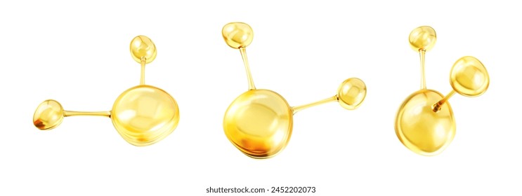 Gold oil molecules. 3D abstract molecular structures. Beauty science skincare molecular concept. Vector 3d illustration