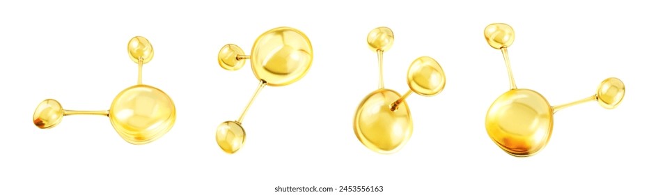 Moléculas de aceite de oro. Estructuras moleculares abstractas 3D. Concepto molecular de cuidado de la piel. Vector 3d ilustración