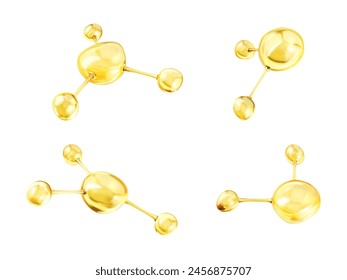 Gold oil molecules. 3D abstract molecular structures. Beauty science skincare molecular concept. Vector 3d illustration