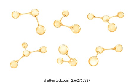 Gold oil molecules or atoms. 3D abstract molecular structures. Beauty science skincare molecular concept. Vector 3d illustration