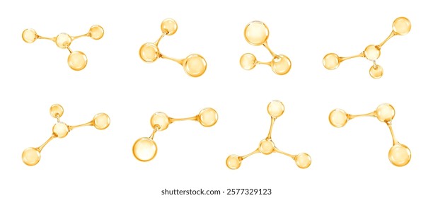 Gold oil molecules or atoms. 3D abstract molecular structures. Beauty science skincare molecular concept. Vector 3d illustration