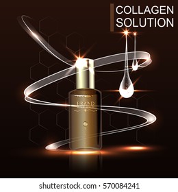 Gold Oil Serum Collagen Droplet Cosmetic Treatment. Face Skin Care Moisturizing Concept. Premium Shining Enzyme Droplet.