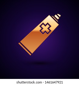 Gold Ointment cream tube medicine icon isolated on dark blue background. Tube, container, toothpaste, cream sign.  Vector Illustration