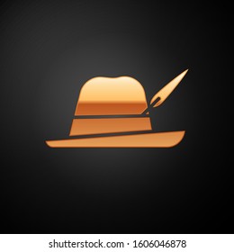 Gold Oktoberfest hat icon isolated on black background. Hunter hat with feather. German hat.  Vector Illustration