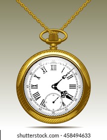 Gold Old clock on a chain. Retro pocket watch. Vintage engraving colored stylized drawing. Vector Illustration