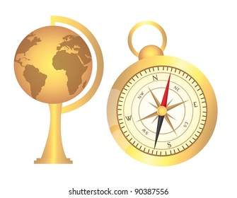 gold old  globe with gold compass over white background. vector