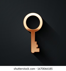 Gold Old key icon isolated on black background. Long shadow style. Vector Illustration