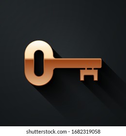 Gold Old key icon isolated on black background. Long shadow style. Vector Illustration