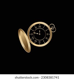 Gold Old pocket watch with chain vector illustration logo design