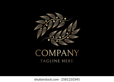 Gold Olive Oil or Olives Tree Branch Leaves Elegant Logo Design 