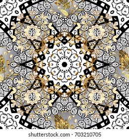 Gold on background. Vector illustration. Good for greeting card for birthday, invitation or banner. Decorative symmetry arabesque. Seamless pattern medieval floral royal pattern.