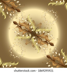 Gold on beige and brown colors. Vector illustration. Decorative symmetry arabesque. Seamless medieval floral royal pattern. Good for greeting card for birthday, invitation or banner.