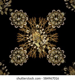 Gold on black background. Decorative symmetry arabesque. Good for greeting card for birthday, invitation or banner. Seamless medieval floral royal pattern. Vector illustration.