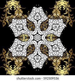 Gold on black background. Decorative symmetry arabesque. Medieval floral royal pattern. Vector illustration. Good for greeting card for birthday, invitation or banner.