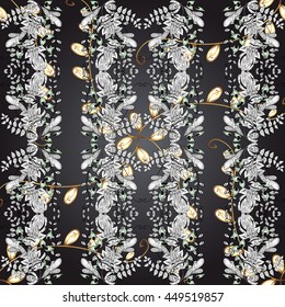 Gold on black colors. Vector illustration. Decorative symmetry arabesque. Good for greeting card for birthday, invitation or banner. Seamless pattern medieval floral royal pattern.