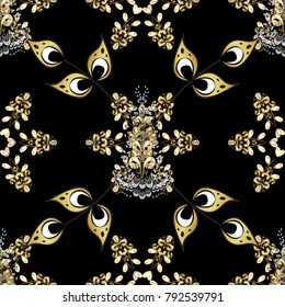 Gold on black colors. Vector illustration. Decorative symmetry arabesque. Seamless medieval floral royal pattern. Good for greeting card for birthday, invitation or banner.
