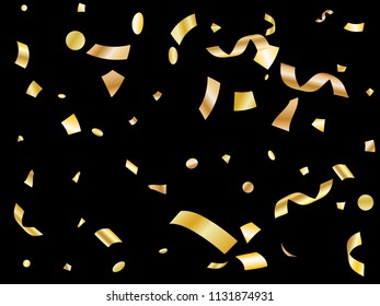 Gold on black foil holiday realistic confetti flying vector background. Rich flying tinsels, foil texture serpentine streamers, sparkles, confetti falling festive background.
