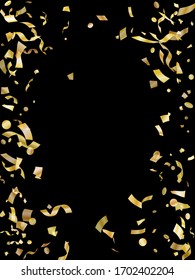 Gold on black foil holiday realistic confetti flying vector background. Rich flying tinsels, foil texture serpentine streamers, sparkles, confetti falling carnival background.