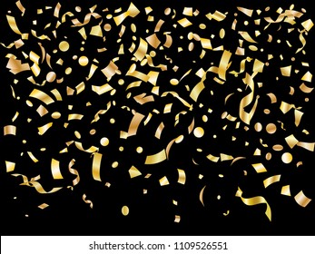 Gold on black glossy holiday realistic confetti flying vector background. VIP flying tinsels, foil texture serpentine streamers, sparkles, confetti falling festive background.