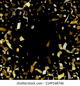 Gold on black glossy holiday realistic confetti flying vector background. Luxurious flying tinsels, foil texture serpentine streamers, sparkles, confetti falling Christmas background.