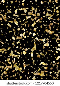 Gold on black glossy holiday realistic confetti flying vector background. Glamorous flying tinsels, foil texture serpentine streamers, sparkles, confetti falling festive background.
