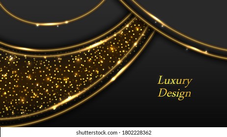 Gold on Black luxury background. Golden glow swirls and lines with neon light effect, shiny sparkles and star dust. Abstract modern design for poster or banner, vector illustration