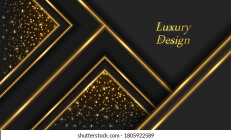 Gold on Black luxury background. Glowing lines with neon light effect, golden shiny sparkles and particles. Modern design for banner or poster. Abstract vector illustration