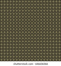 Gold on black seamless geometric minimalistic pattern. Abstract geometry background with crossing thin lines. Stylish texture in golden color. Endless linear pattern. Vector.