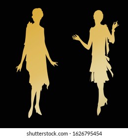 Gold on black. Silhouettes of girls, models dressed in the fashion of the 20s. Decorative element for decorating banners, shop windows, sites.