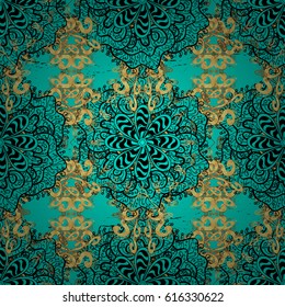 Gold on blue background. Good for greeting card for birthday, invitation or banner. Decorative symmetry arabesque. Vector illustration. Pattern medieval floral royal pattern.