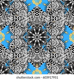 Gold on blue background. Vector illustration. Good for greeting card for birthday, invitation or banner. Decorative symmetry arabesque. Seamless pattern medieval floral royal pattern.